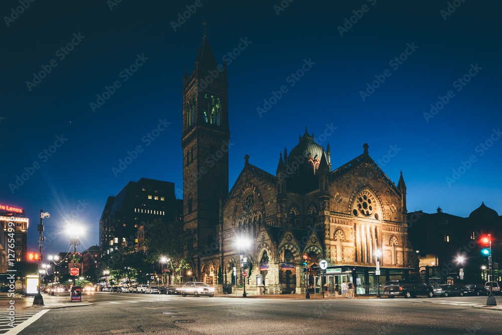 Naklejka premium The Old South Church at night, in Back Bay, Boston, Massachusett