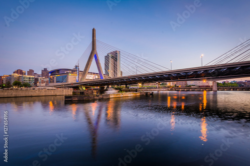 The Leonard P. Zakim Bunker Hill Bridge at twilight, in Boston,