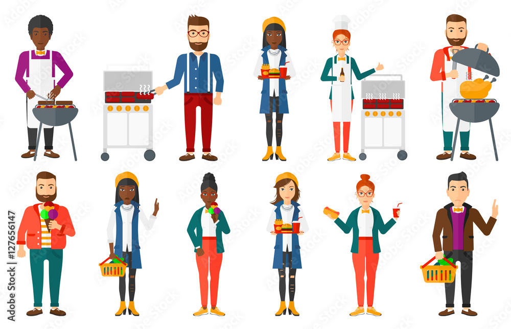 Vector set of people eating and drinking. Vector set of people eating and drinking.
