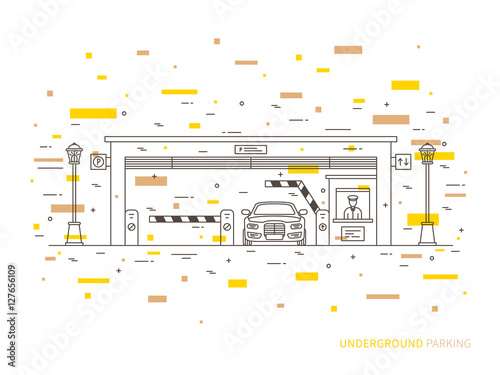 Underground parking (terminal, pay-gate, tourniquet, transportation) linear vector illustration. Underground parking building creative graphic concept.