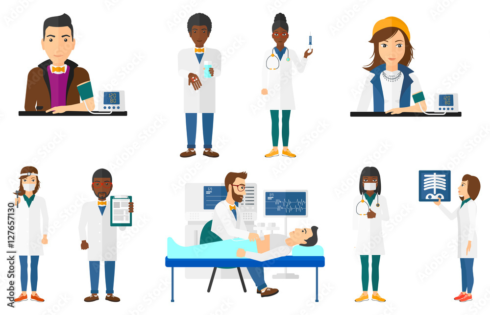 Vector set of doctor characters and patients.