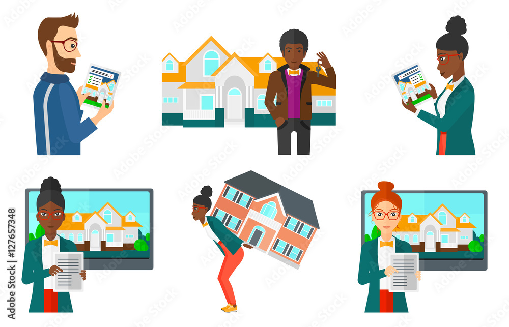 Obraz premium Vector set of real estate agents and house owners.