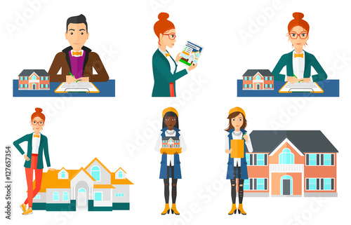 Vector set of real estate agents and house owners.