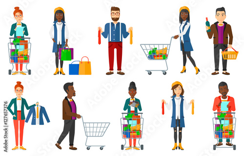 Vector set of shopping people characters.