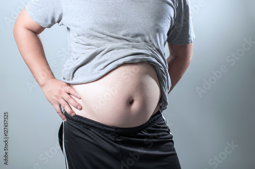 portrait of a asian fat man show out his body and big belly.