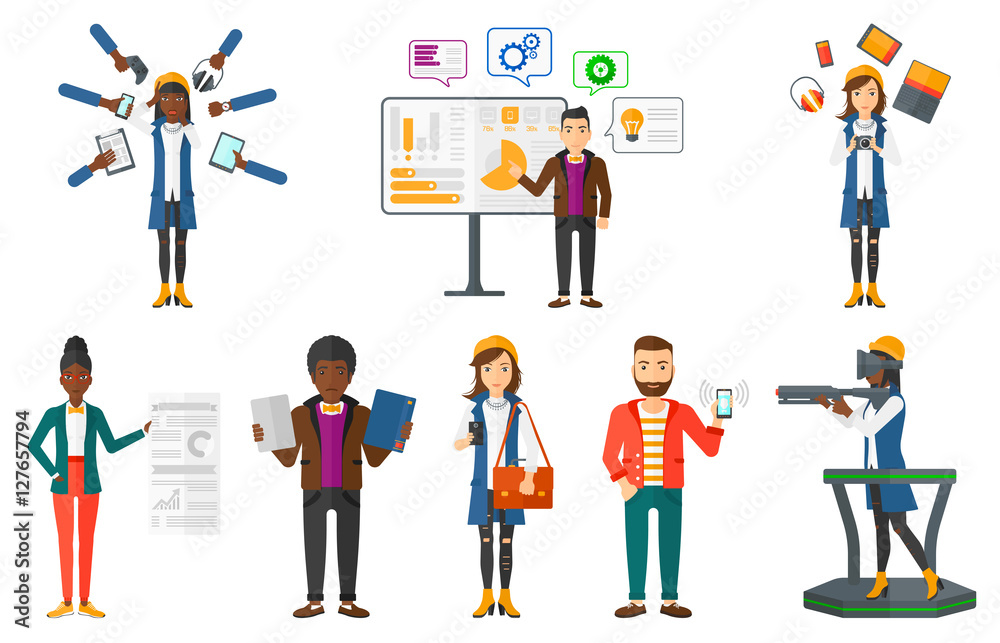 Vector set of people using modern technologies.