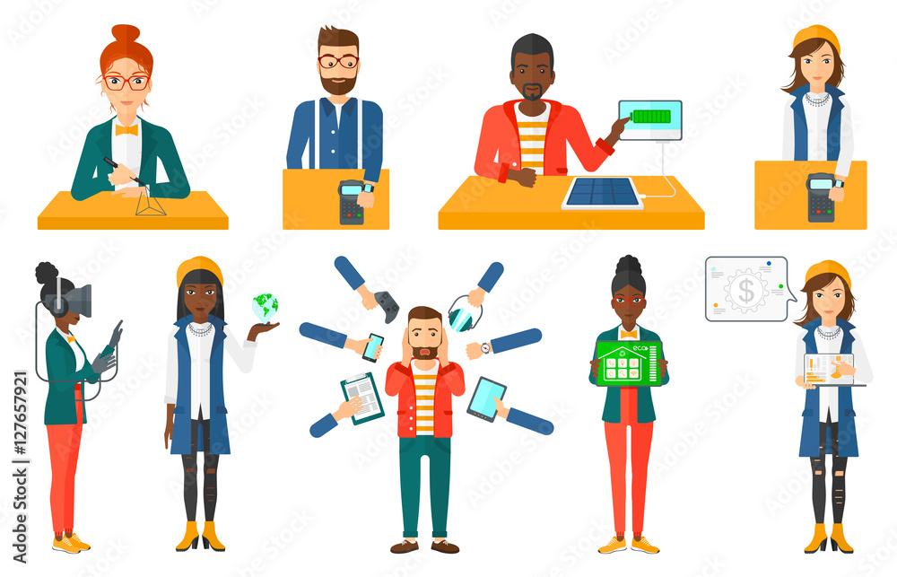 Vector set of people using modern technologies. Vector set of people using modern technologies.