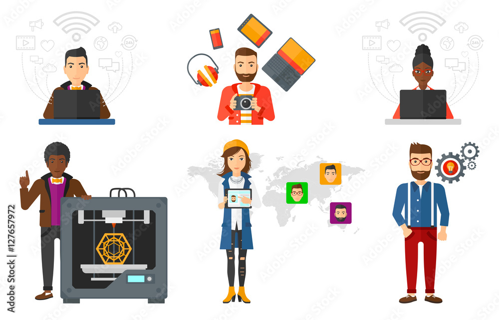 Vector set of people using modern technologies. Vector set of people using modern technologies.