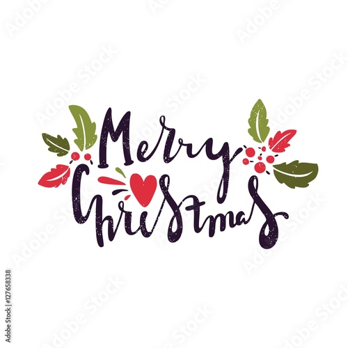 Hand drawing text for Merry Christmas. Christmas decorations. Heart, foliage.