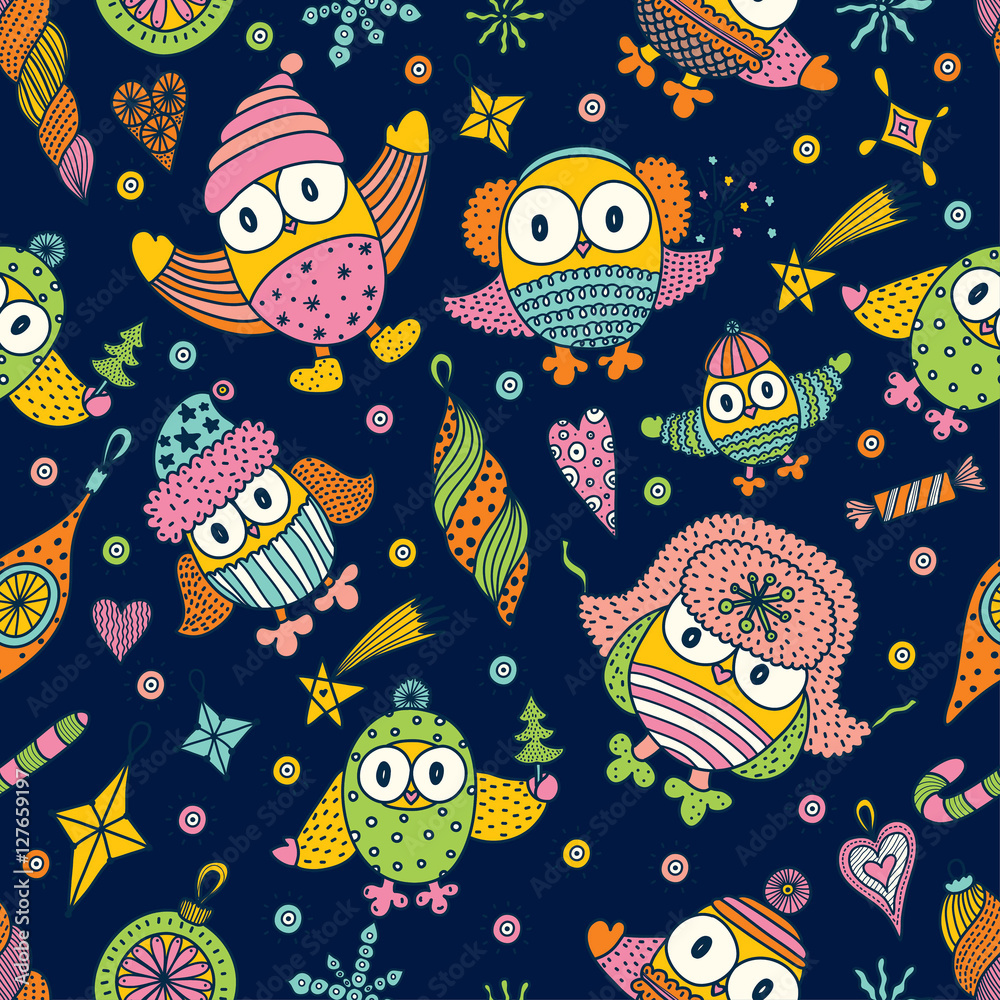 Christmas vector seamless pattern with owls and Christmas toys.