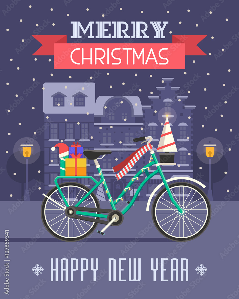 Christmas bicycle wishing card with traditional celebrating text. Merry Christmas and Happy New Year greetings card with winter bike on europe city background. Winter holidays congratulation template....