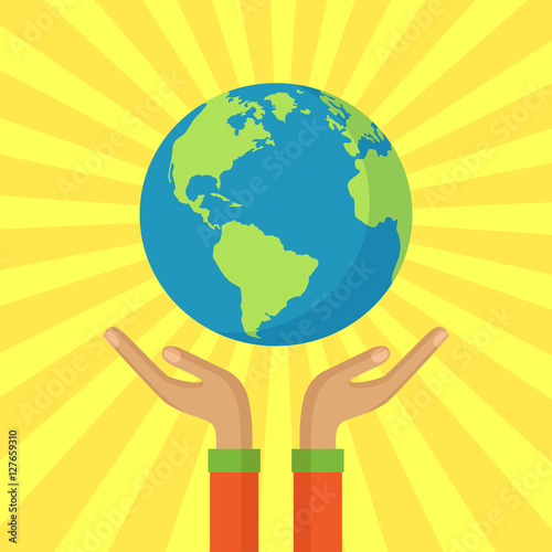 Human hands holding floating globe. Save our planet vector illus