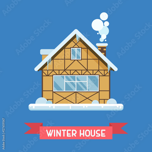 Traditional half-timbered cottage by winter. Alpian chalet building with snowdrifts and icicles . Winter house vector illustration. Snowy country home or wooden hut dwelling isolated.