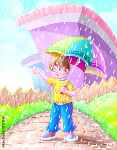 Boy in rain with umbrella