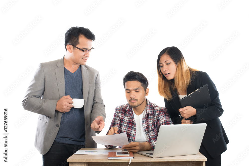 Portrait of business partners discussing documents and ideas at Portrait of business partners discussing documents and ideas at