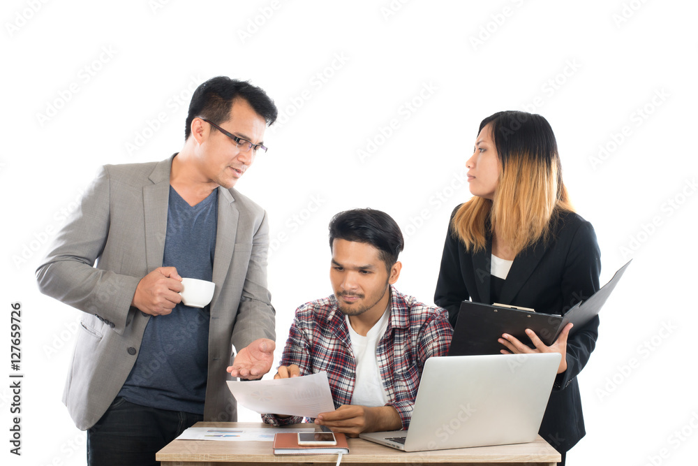 Portrait of business partners discussing documents and ideas at Portrait of business partners discussing documents and ideas at