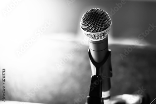 Microphone for sound, music, karaoke in audio studio or stage. Mic technology. Voice, concert entertainment background. Speech broadcast equipment. Live pop, rock musical performance