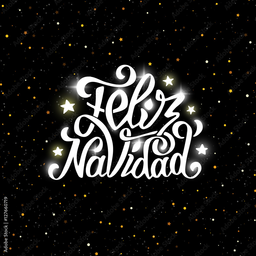 Feliz Navidad greetings with glowing text on black background with color glitters. Merry Christmas vector greeting card with typography label in spanish.