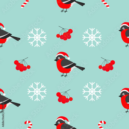 Christmas snowflake, rowan rowanberry sorb, bullfinch bird wearing red santa hat. Seamless Pattern Decoration. Wrapping paper, textile template. Blue background. Flat design.