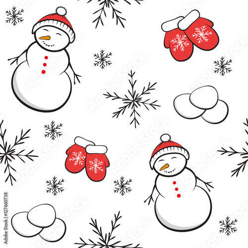 Seamless winter background with snowman, snowflakes, mittens and snowballs on white.  Vector illustration. 