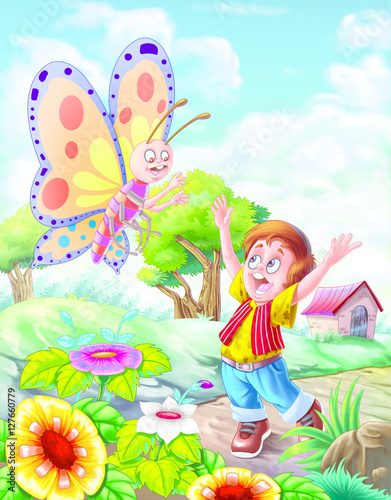 Boy with a butterfly in yard