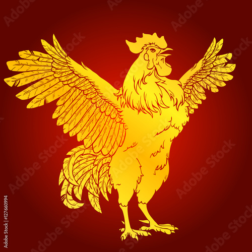 Vigorous rooster gold on red background