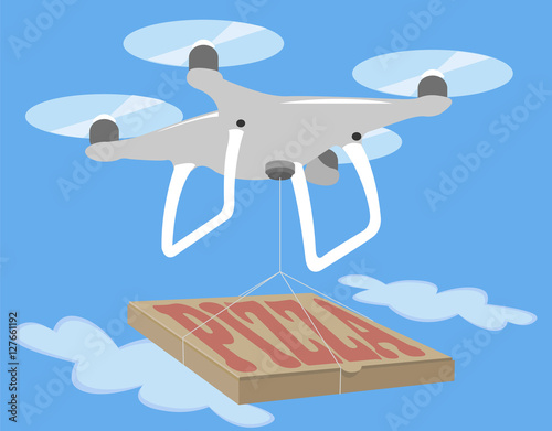 Gray drone quadcopter fly in blue sky. Pizza delivery quad isolated icon. Spy photo videography. Innovation technology camera vector.