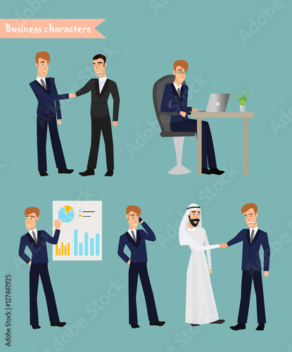 Cartoon businessman poses.