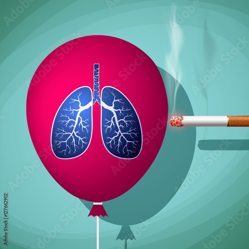 Man bursts cigarette red balloon with human lungs. Danger of smo