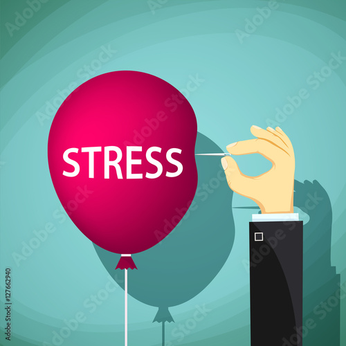 Man holds a needle and a red balloon with the word stress. Stock