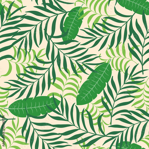 Seamless pattern with hand-drawn tropical leaves.