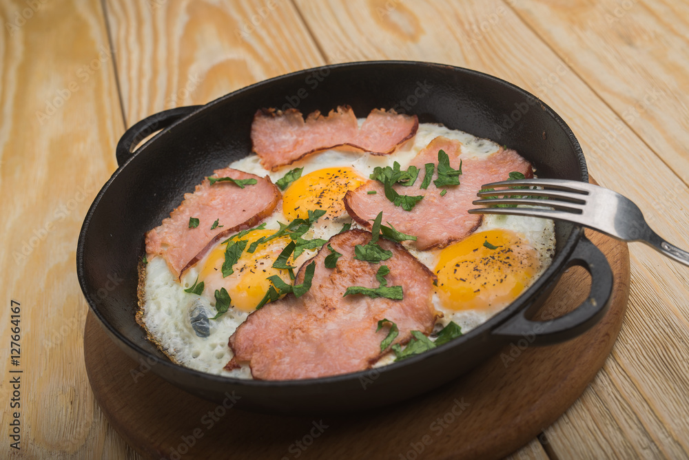 bacon and eggs in a pan