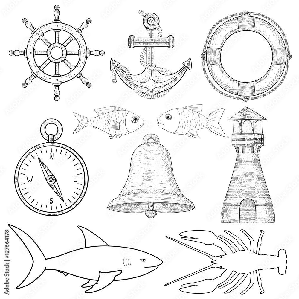 Nautical symbols. Hand drawn sketch Stock Vector | Adobe Stock