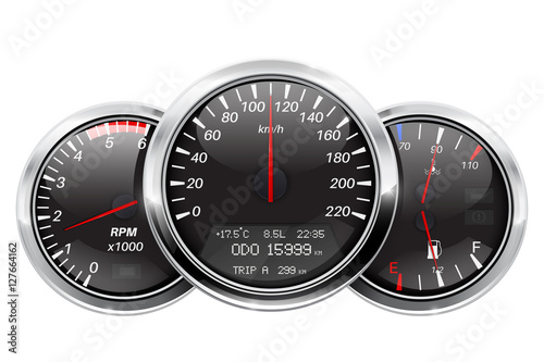 Dashboard. Black round gauges with chrome frame