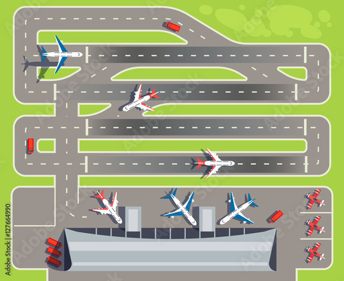 Airport with passenger terminal, airplanes, helicopters top view vector illustration