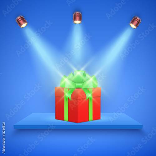 Light box with blue platform on blue backdrop with spotlights and gift box. Editable Background Vector illustration.