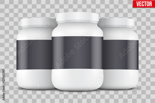 Template Background of Sport Nutrition Container. Plastic Whey Protein and Gainer Supplements. Plastic Jar. White color. Vector Illustration isolated on transparent background.