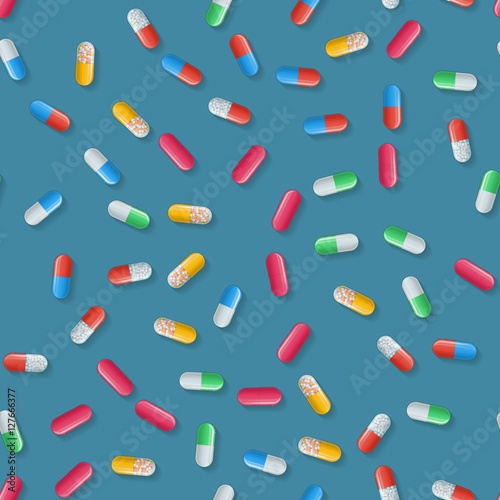 Vector medical seamless pattern with color capsules on white. Background with pharmaceutical pills: vitamin, painkiller and antibiotics. Medicine illustration of medicament dose for health.