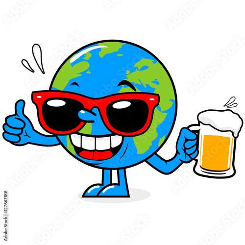 Cartoon planet earth drinking beer. Vector illustration