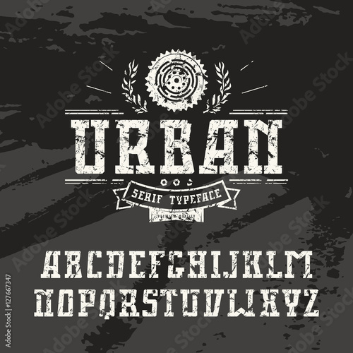 Rectangular serif font in urban style with shabby texture