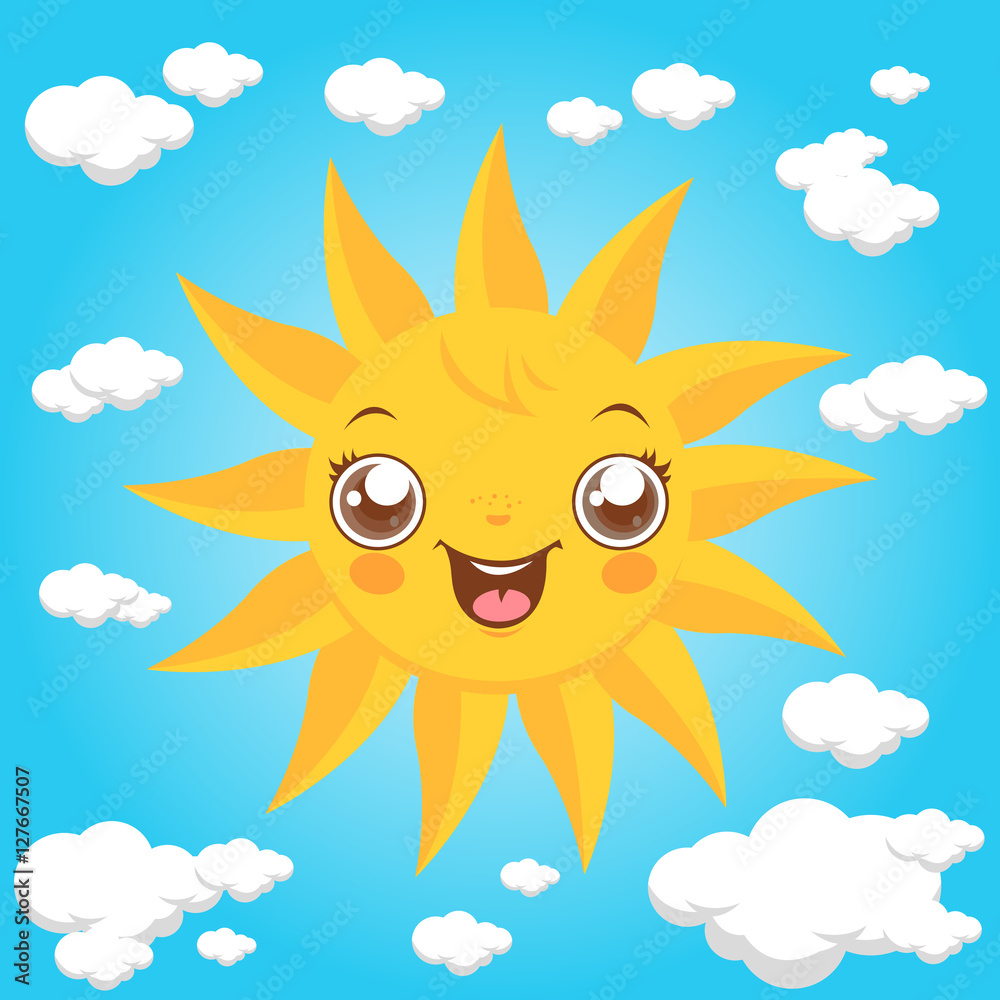 Cartoon sun and clouds in the sky. Vector illustration Stock Vector ...