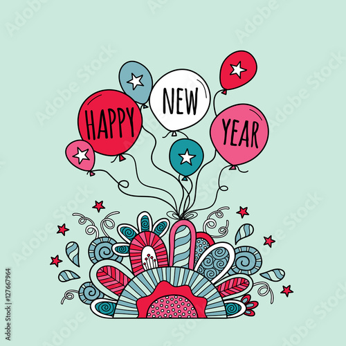 Happy New Year Balloons with the words happy new year, stars, doodles, swirls and sparkles on a green background, vector illustration.