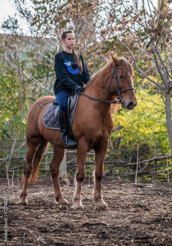 Young beautiful brunette girl rides a horse on a warm and sunny autumn day. Portrait of a pretty young woman on the horse, wearing tall boots and gloves. © taylon