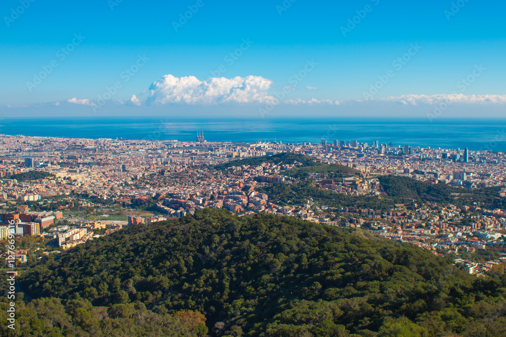 Barcelona, Spain. November 17, 2016: Panoramic view of Barcelona city from Tibidabo on a sunny day