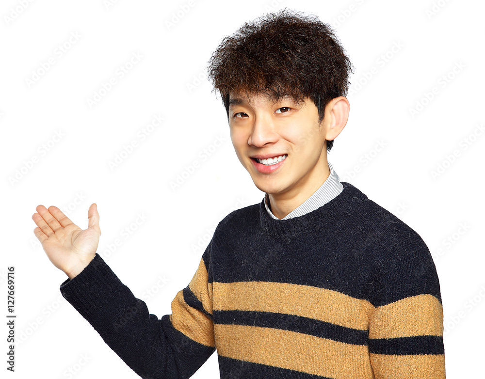 Asian young business man hold show open empty palm Asian young business man hold show open empty palm