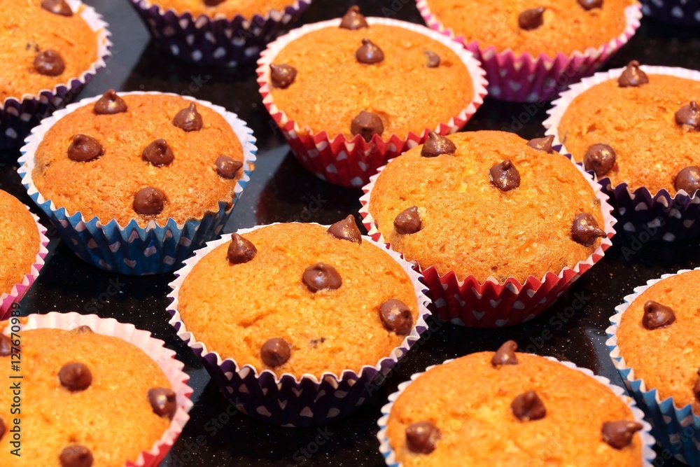 Mini chocolate chip muffins close up, selective focus Mini chocolate chip muffins close up, selective focus