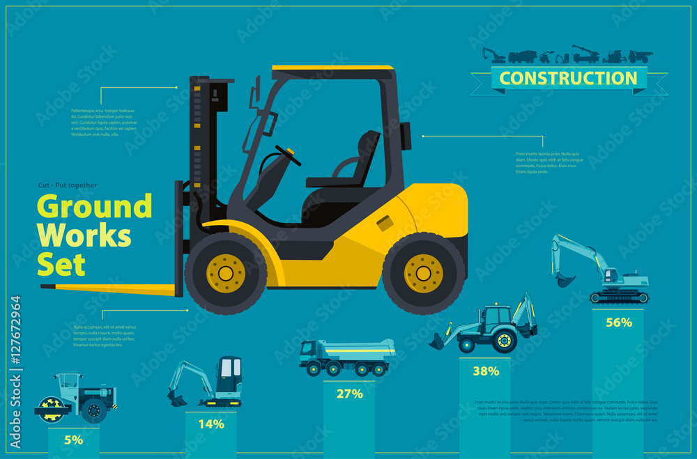 Yellow forklift. Blue infographic big set of ground works blue machines vehicles. Catalog page. Heavy construction equipment for building truck digger crane bagger mix. Transportation master vector. Yellow forklift. Blue infographic big set of ground works blue machines vehicles. Catalog page. Heavy construction equipment for building truck digger crane bagger mix. Transportation master vector.