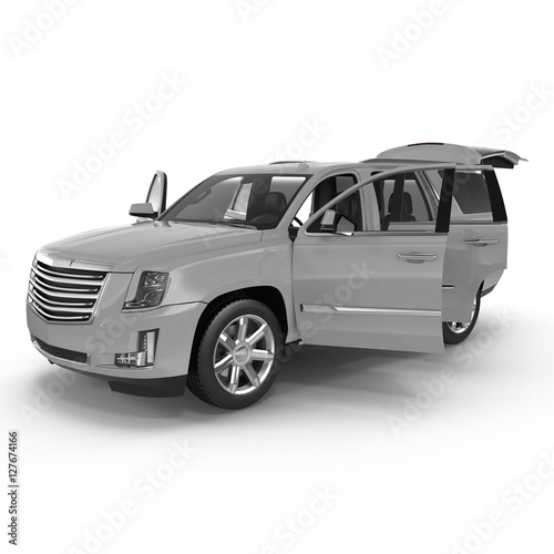 Silver Sports Utility Vehicle Isolated on White. Doors opened. 3D illustration