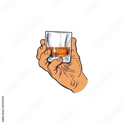 Hand holding full glass of whiskey, sketch style vector illustration isolated on white background. Hand drawing of a male hand with a shot of rum, whiskey, cognac, time to drink concept