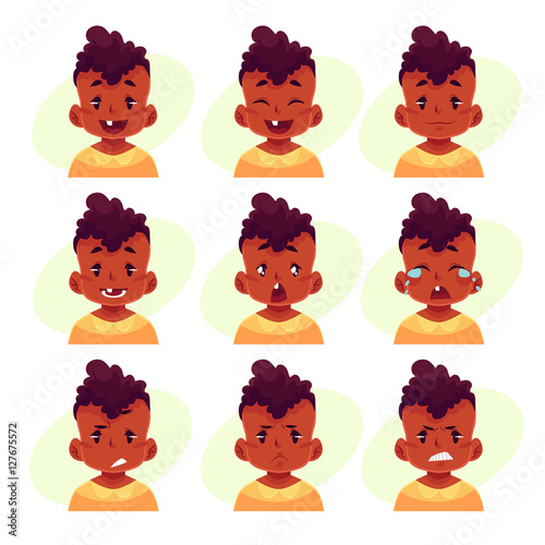 Fototapeta Naklejka Na Ścianę i Meble -  Little boy face expression, set of cartoon vector illustrations isolated on yellow background. black male kid emoji face icons, facial expressions, set of baby boy avatars with different emotions